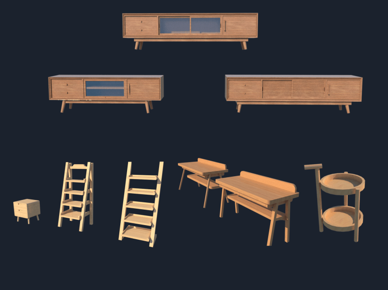 SU模型—日式家具（电视柜，床头柜装饰楼梯，学习课桌，圆形茶几）